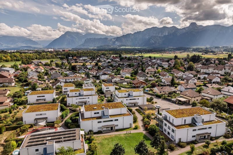 Aerial view of a residential area with multiple modern houses, green roofs, and surrounding mountains in the background.