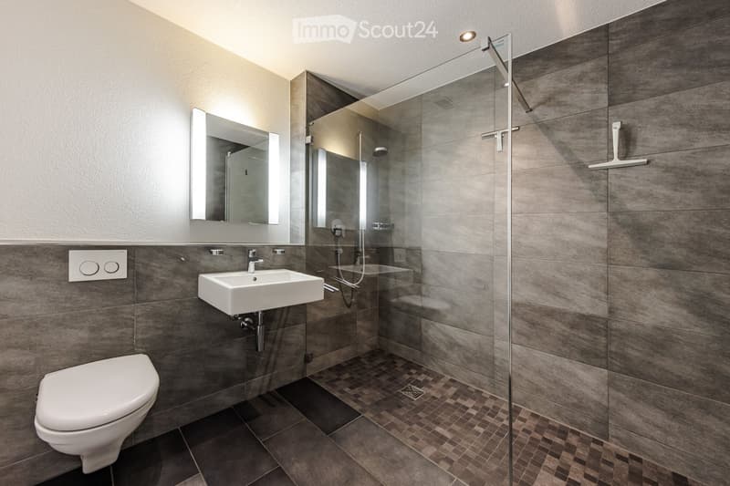 Modern bathroom with a white toilet, sink, and mirror, featuring a glass-enclosed shower area with a sleek design.