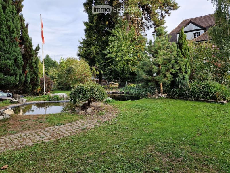 Well-maintained garden with a small pond, lush greenery, and a brick pathway leading to the pond area.