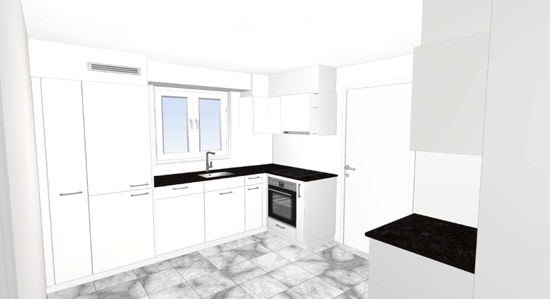 Modern kitchen with white cabinets, black countertops, a sink, and an oven. The space features a tiled floor and large windows.