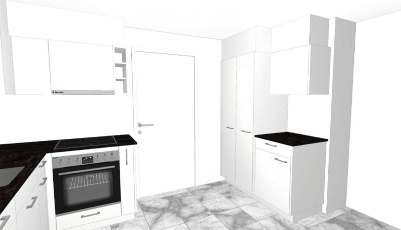 Modern kitchen with white cabinets, dark countertops, and an integrated oven. The space features a clean, minimalist design with a tiled floor and a door leading to another room.