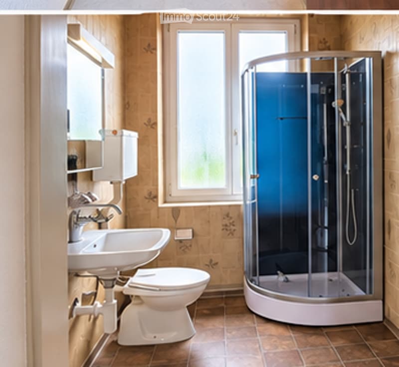 Modern bathroom with a white sink, toilet, and a glass-enclosed shower stall. The walls are decorated with floral wallpaper, and the floor is tiled in brown.