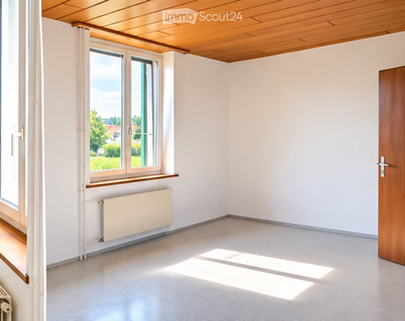 Empty room with white walls, wooden ceiling, large windows, radiator, and wooden door.