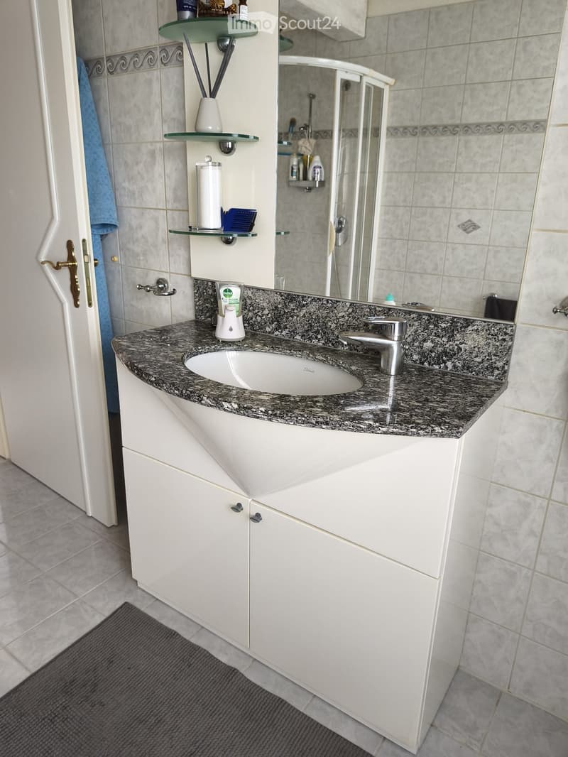 Modern bathroom with a white cabinet, granite countertop, sink, and glass shelves holding decorative items. A shower area is visible in the background.