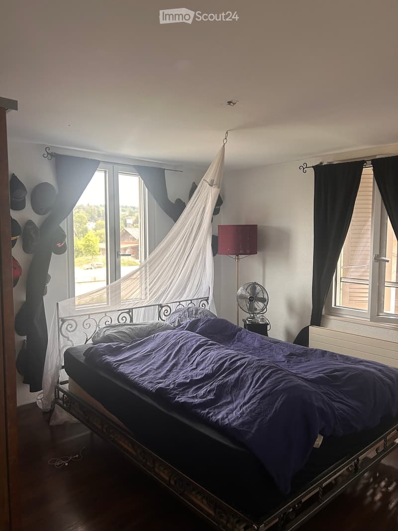 Bedroom with a large bed covered in blue bedding, a decorative metal headboard, a standing lamp with a red shade, a small fan, and sheer curtains on the windows. Several hats are hanging on the wall to the left.