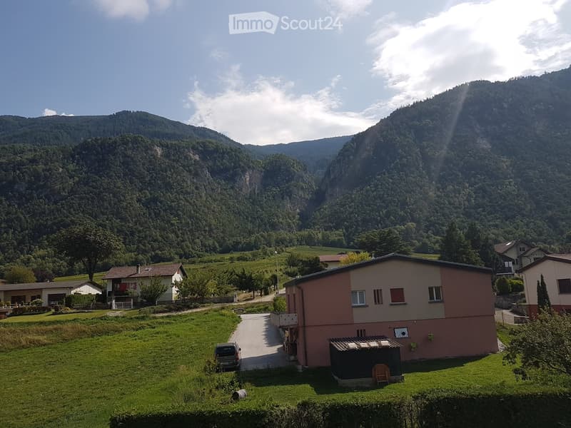 A two-story house with a pink facade and white trim, situated in a lush green valley surrounded by mountains. The house features a driveway, a small shed, and a parked car. The surrounding area includes vineyards and other houses, with a scenic mountain b