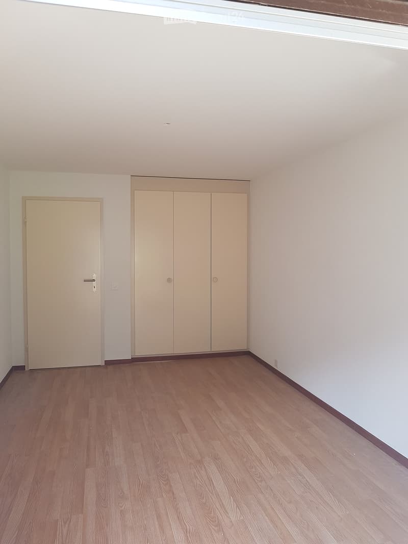Empty room with light wooden flooring, white walls, and a built-in closet with double doors. A single door is visible on the left side.