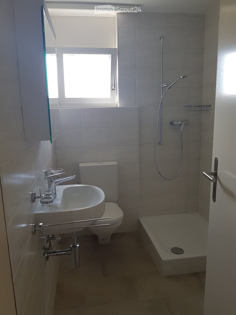 Modern bathroom with a white sink, toilet, and shower area. Features a large window, tiled walls, and a glass shower enclosure.