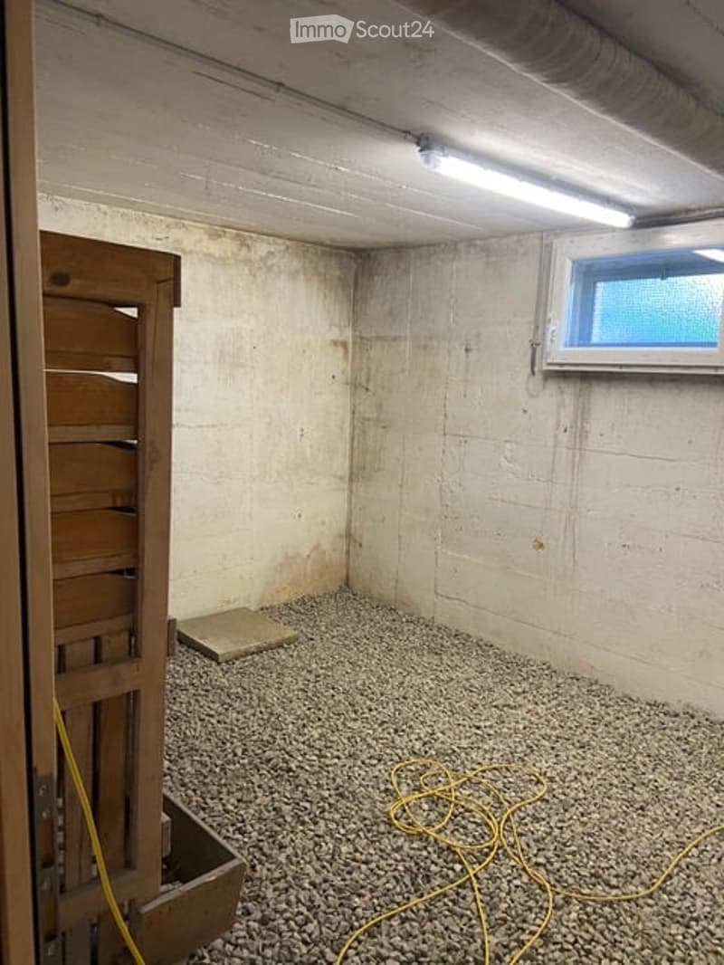Empty basement room with concrete walls, gravel floor, small window, and exposed wooden shelving unit.
