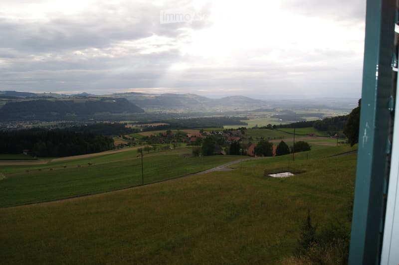 Panoramic view of a rural landscape with green fields, scattered houses, and distant mountains under a cloudy sky.