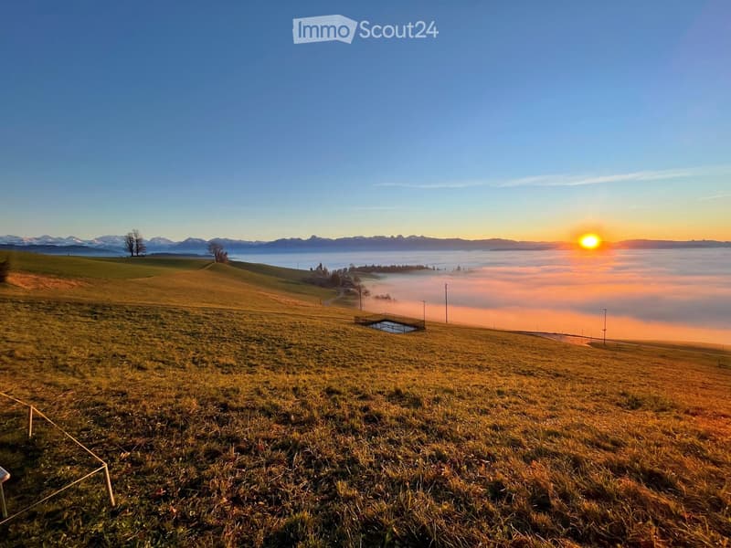 A serene landscape with rolling hills, a misty valley, and a setting sun over distant mountains.