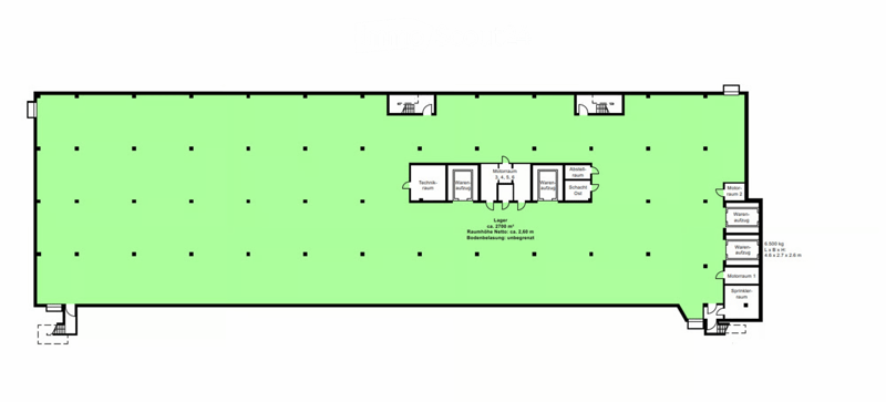 Floor plan of a large warehouse or storage facility with multiple rooms including technical room, storage areas, motor rooms, and a sprinkler room.