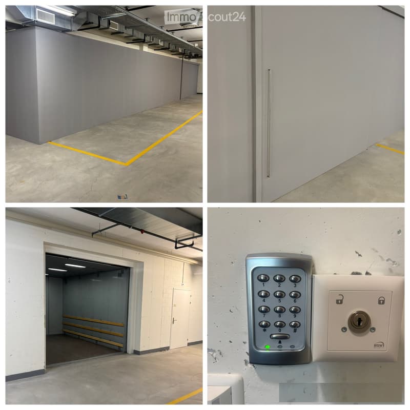 Four images showing a clean, modern underground parking area with concrete floors, white walls, and yellow safety lines. Includes a keypad and lock system on a wall, and an elevator entrance.
