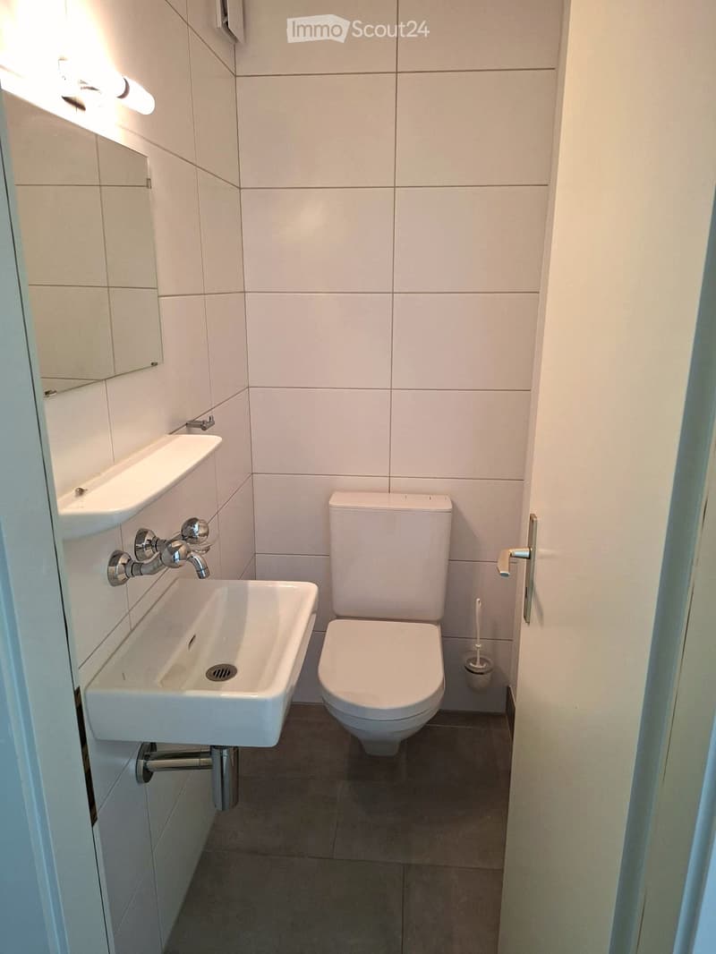 Modern bathroom with white tiles, a toilet, a sink with a chrome faucet, a mirror, and a toilet brush in the corner.