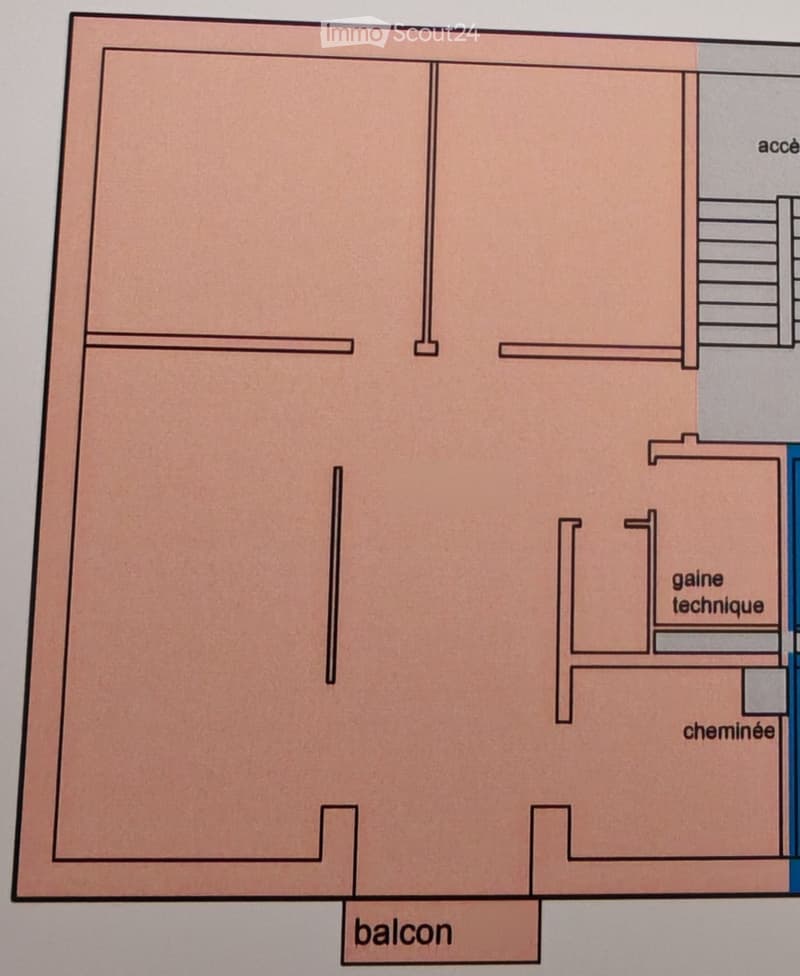 Floor plan showing a living room, kitchen, bedroom, bathroom, and balcony.