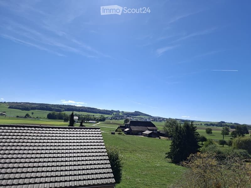 A panoramic view of a rural landscape with rolling green fields, scattered trees, and a few houses in the distance under a clear blue sky.