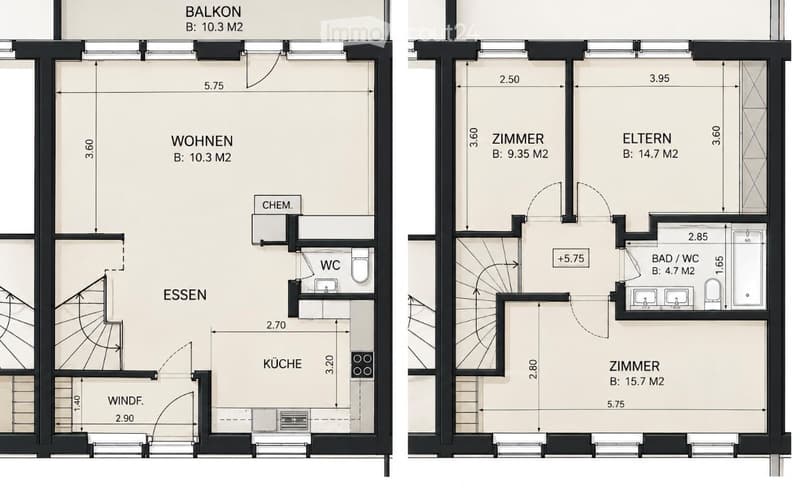 Floor plan of a two-bedroom apartment with living, dining, kitchen, and balcony areas. Includes dimensions and room labels in German.