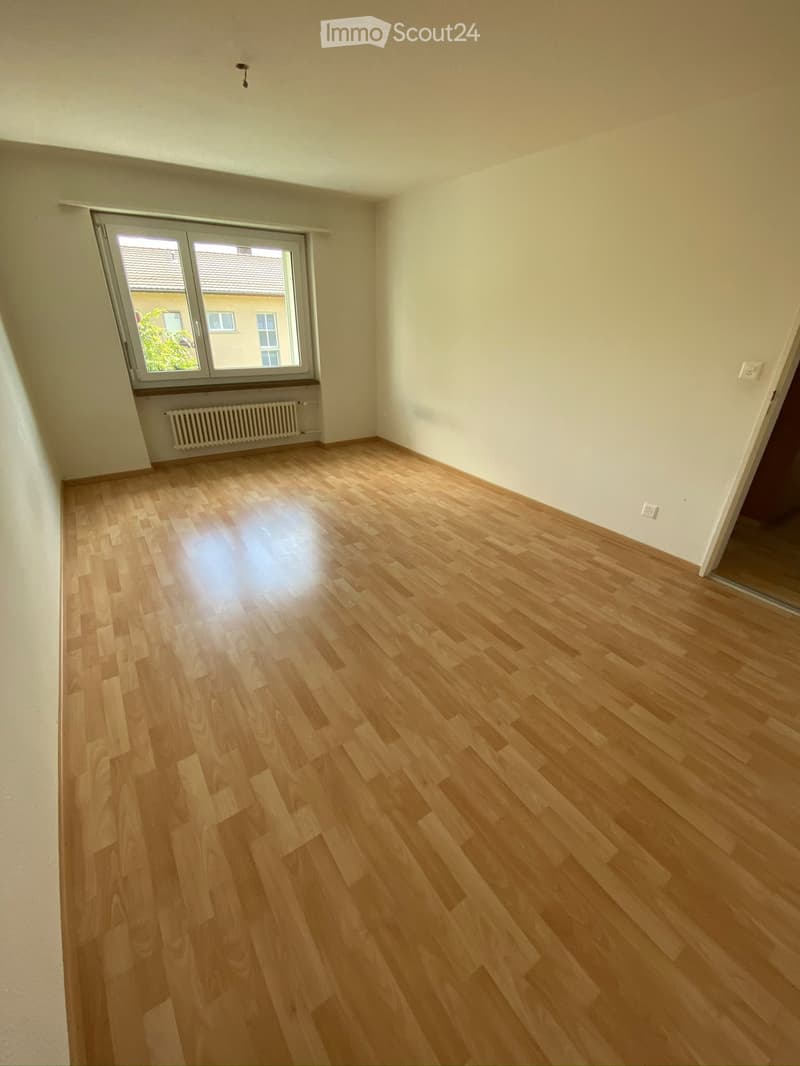 Empty room with light wooden flooring, white walls, and a large window with a radiator below it.