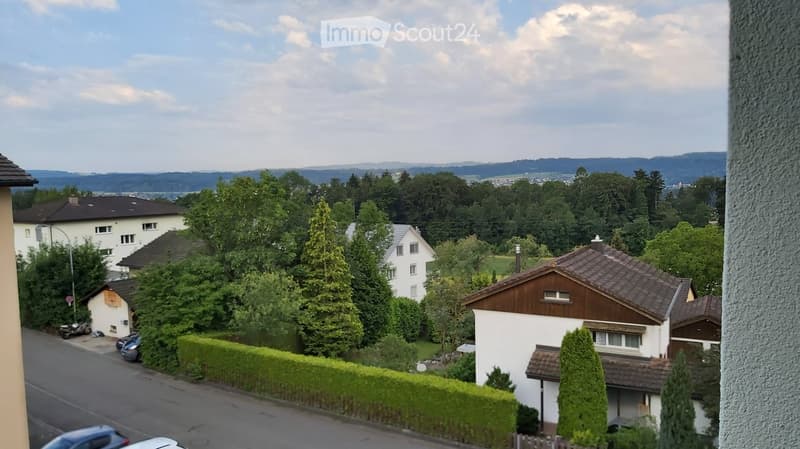 Residential neighborhood with houses, trees, and a scenic view of distant hills and mountains.