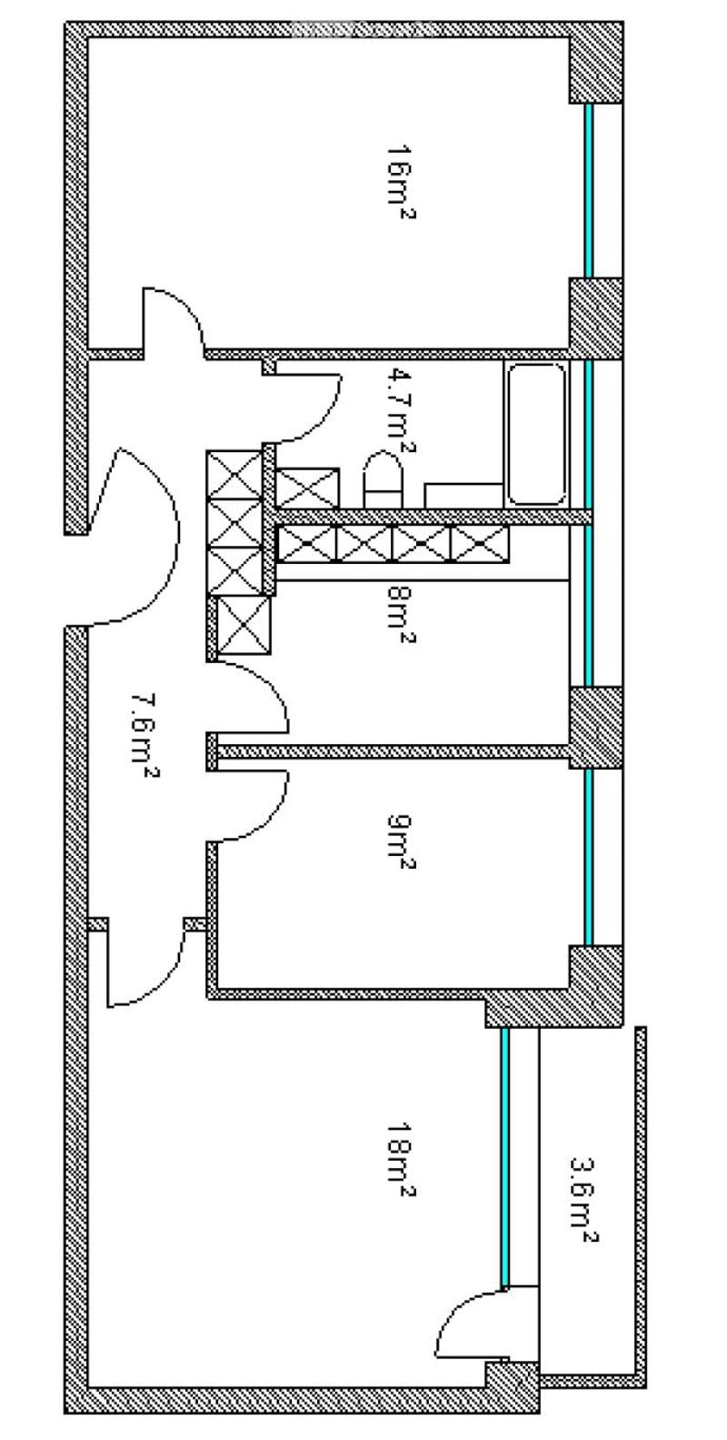 Floor plan of a residential unit featuring a living room, kitchen, two bedrooms, and a bathroom.