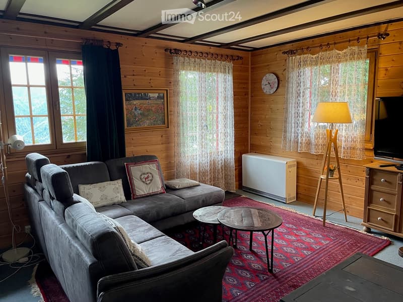 Cozy living room with wooden walls, large windows, grey sectional sofa, coffee table, side tables, floor lamp, TV, and decorative pillows.