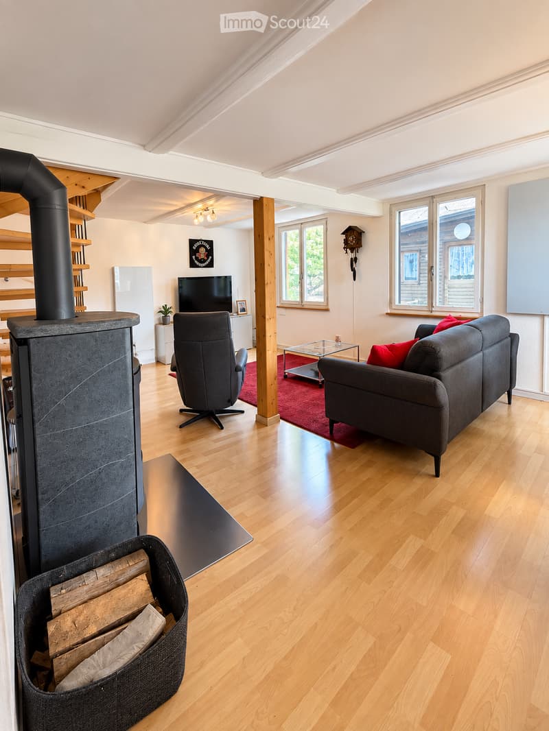 Modern living room with hardwood floors, a wood stove, a sofa, a chair, a coffee table, and a television. Large windows provide natural light.