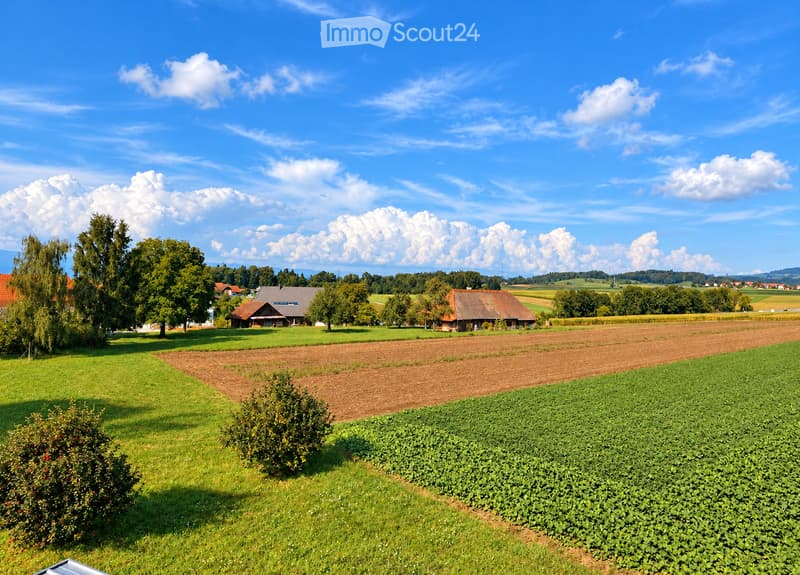 A rural landscape with fields, trees, and farmhouses under a partly cloudy sky.