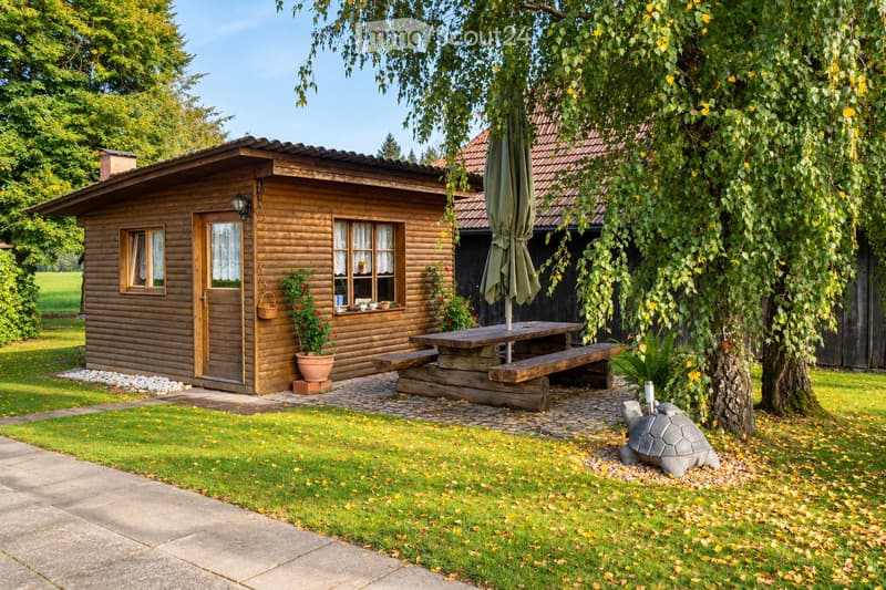 A wooden cabin with a small outdoor seating area, featuring a picnic table, umbrella, and a decorative turtle sculpture. The cabin has a wooden door, windows with white curtains, and potted plants on the windowsill.