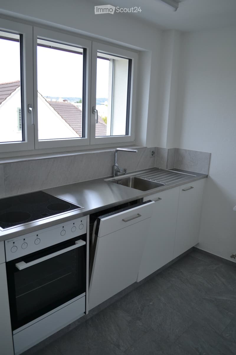 Modern kitchen with white cabinets, stainless steel sink, induction cooktop, and built-in oven. Large windows provide natural light.