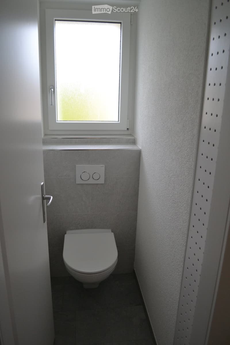 Modern, compact bathroom with a toilet, light switch, and a frosted window above a small shelf.