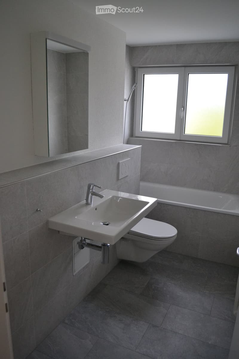 Modern bathroom with grey tiled walls and floor, featuring a white sink with a chrome faucet, a toilet, a bathtub, and a large mirror above the sink. A window provides natural light.