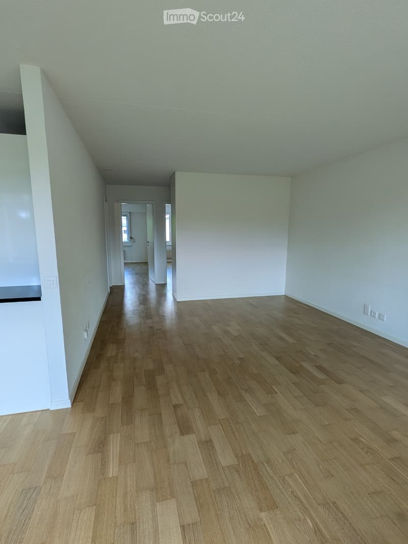 Empty hallway with light-colored walls and wooden flooring, leading to another room.