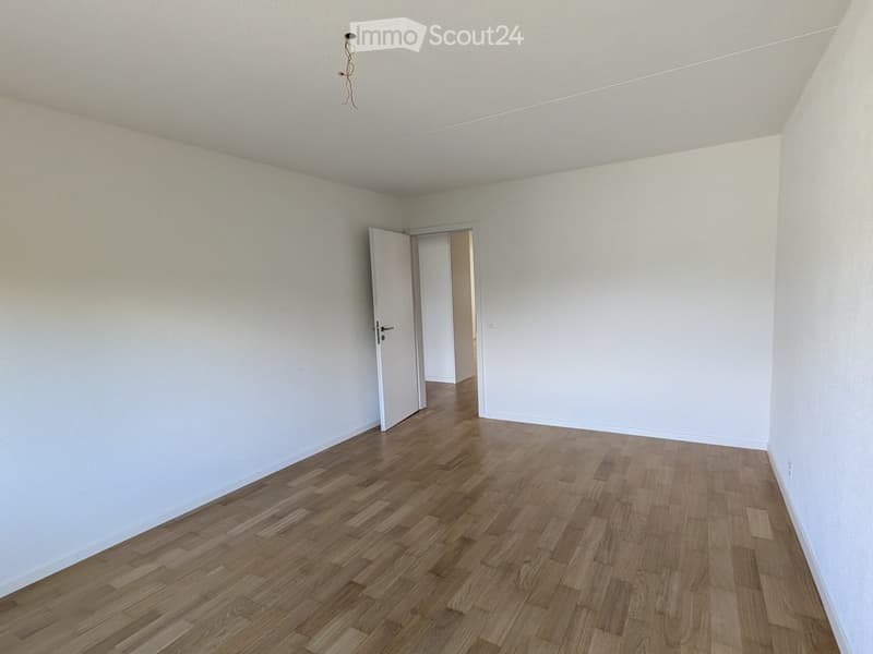 Empty room with light-colored walls and wooden flooring, featuring a single open doorway leading to another space.
