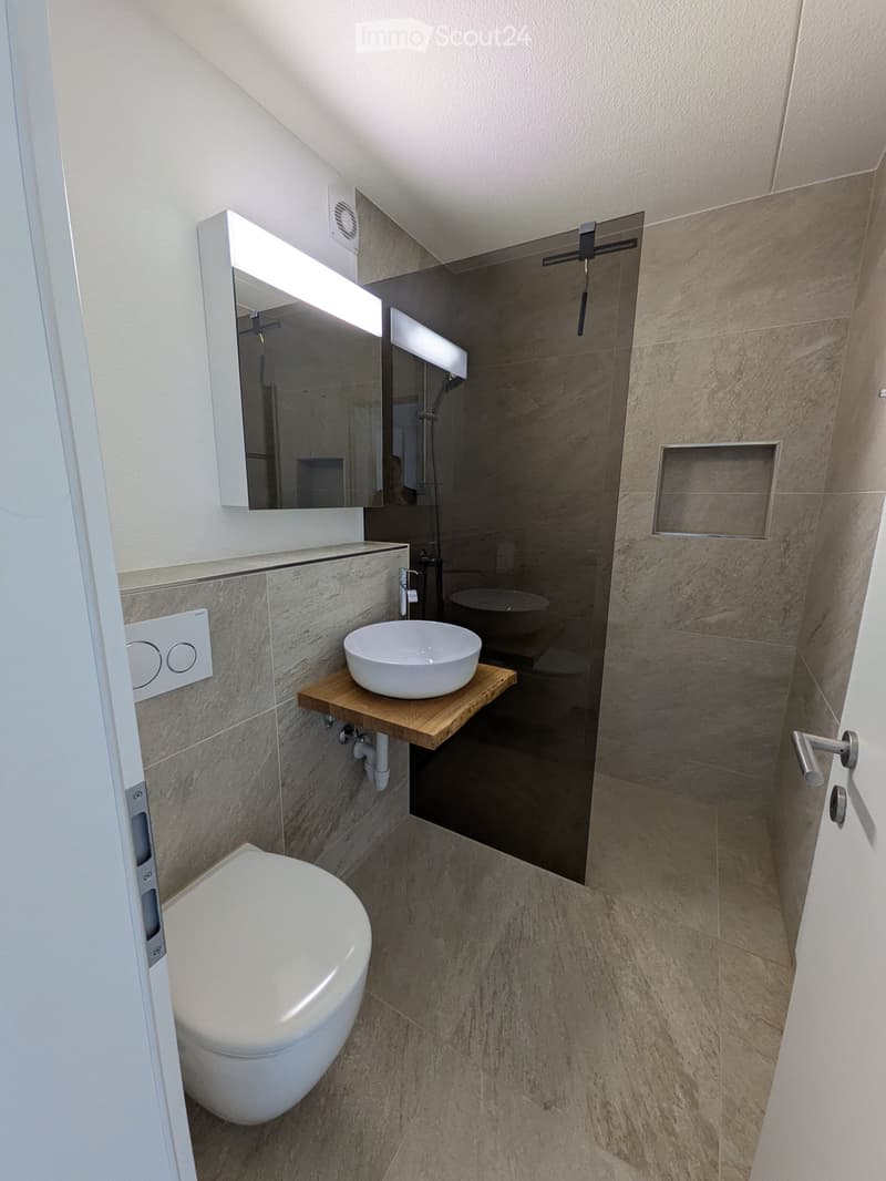 Modern bathroom with a toilet, a wooden sink console with a round sink, a large mirror with built-in lighting, and a glass-enclosed shower area.