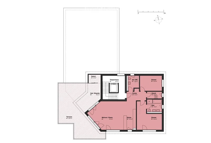Floor plan of a residential space featuring a living/dining area, kitchen, bedroom, bathroom, and terrace.