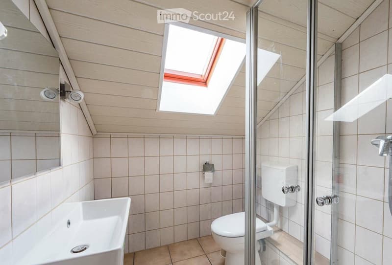 Modern bathroom with a skylight window, tiled walls, a white sink, toilet, and a glass-enclosed shower area.