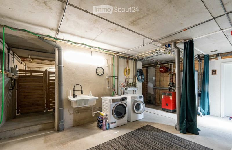 Utility room with washing machine, dishwasher, sink, and exposed pipes.