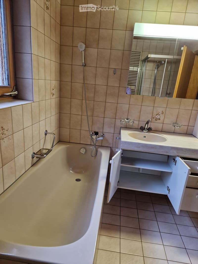 Bathroom with a bathtub, sink, mirror, and showerhead. The sink cabinet has open shelves.
