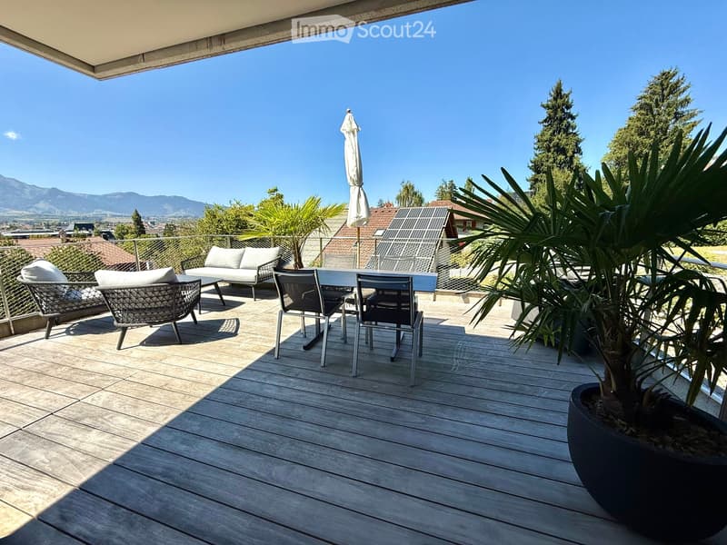 Wooden deck with outdoor furniture including a sofa, chairs, a table, and an umbrella, with a potted plant and scenic mountain view.