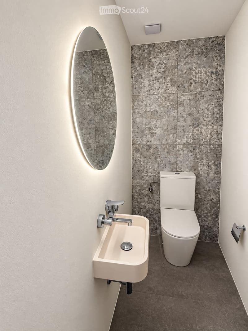 Modern bathroom with a white sink, chrome faucet, toilet, and a decorative oval mirror on the wall.