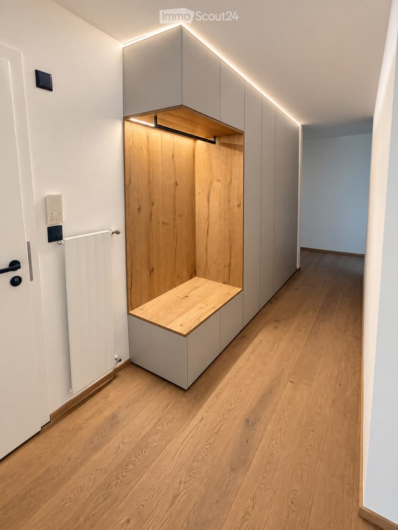 Modern hallway with light wooden flooring, white walls, built-in storage unit with wooden shelves and integrated lighting, and a small wooden bench.