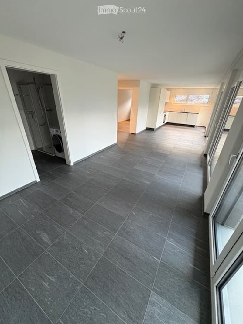 Empty room with dark grey tiled floor, white walls, and a washing machine visible in the adjacent space.