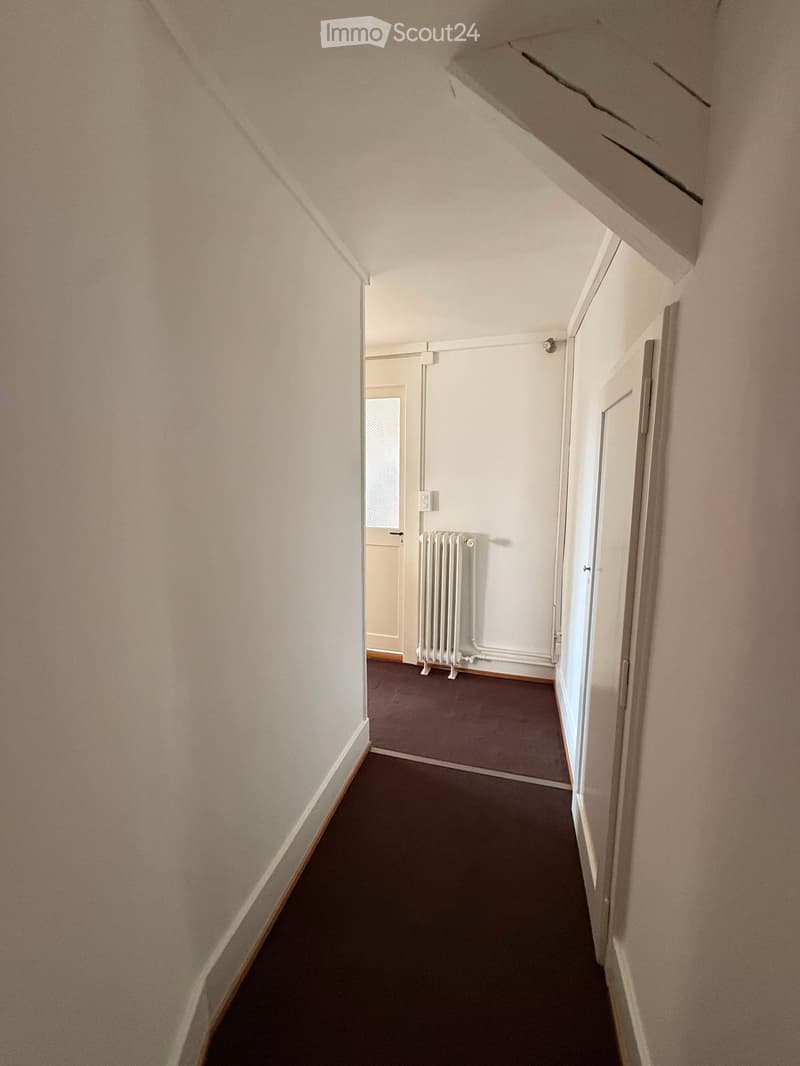 A narrow hallway with beige walls, dark carpeting, and white radiator. Doors are visible at both ends, one leading to a room with a window and another to an open area.