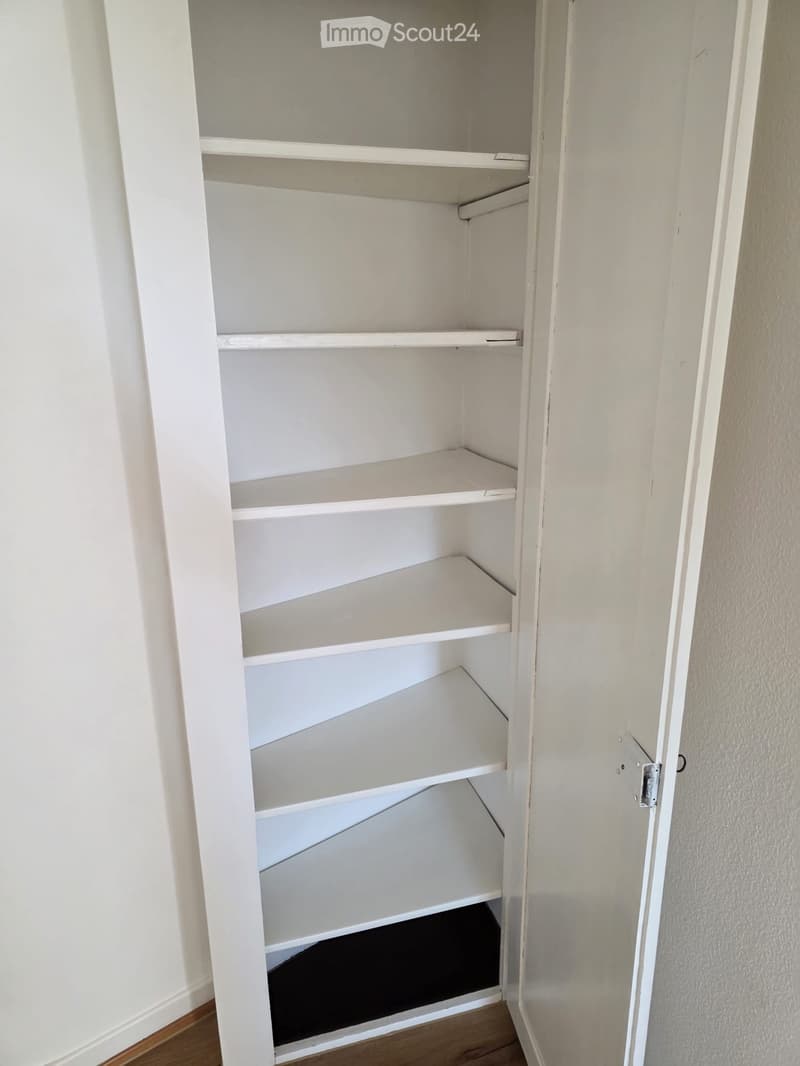 Empty closet with white shelves and a small black storage space at the bottom.