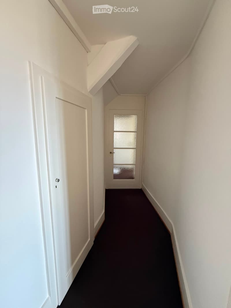 A narrow hallway with white walls, dark carpeted floor, and white doors on both sides. One door has a frosted glass panel.