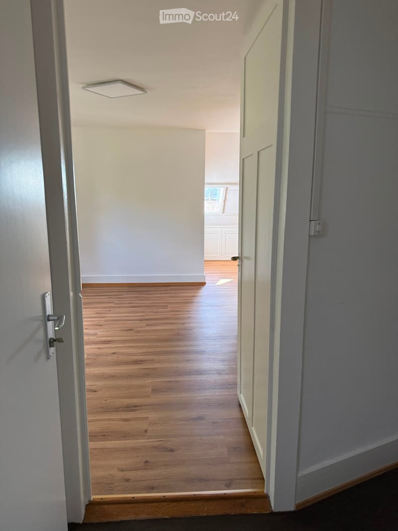Empty hallway with wooden flooring, white walls, and a ceiling light fixture. A door is visible on the left, and a glimpse of another room with cabinets is seen at the end.