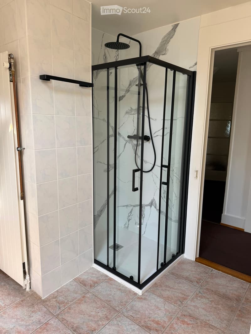 Modern bathroom with a glass-enclosed shower stall featuring a black frame and a modern showerhead. The walls are tiled in a marble pattern, and the floor is tiled in a warm, reddish-brown color.