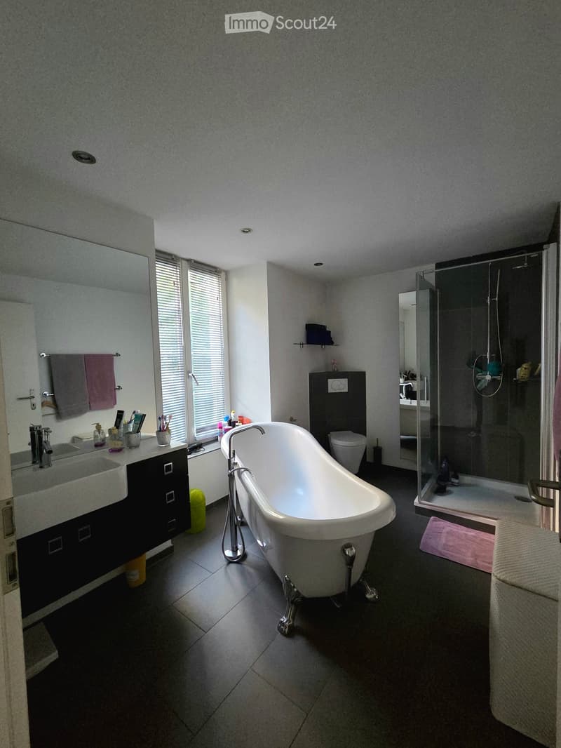 Modern bathroom with a freestanding bathtub, sink, toilet, and glass-enclosed shower. Features include a large mirror, towel rack, and various toiletries on the sink counter.
