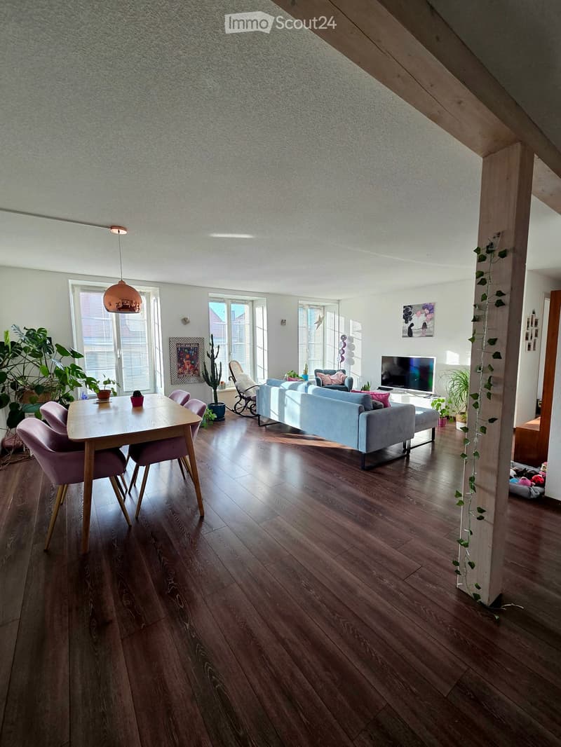Open-plan living and dining area with wooden flooring, a light blue sofa, a dining table with chairs, a television, and several potted plants.