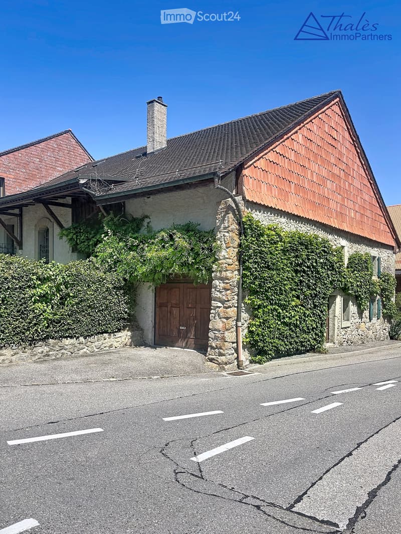 Two-story house with stone walls, red-tiled roof, and wooden front door, partially covered in ivy and surrounded by greenery.